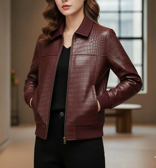 Handmade Crocodile Embossed Genuine Leather Bomber Jacket