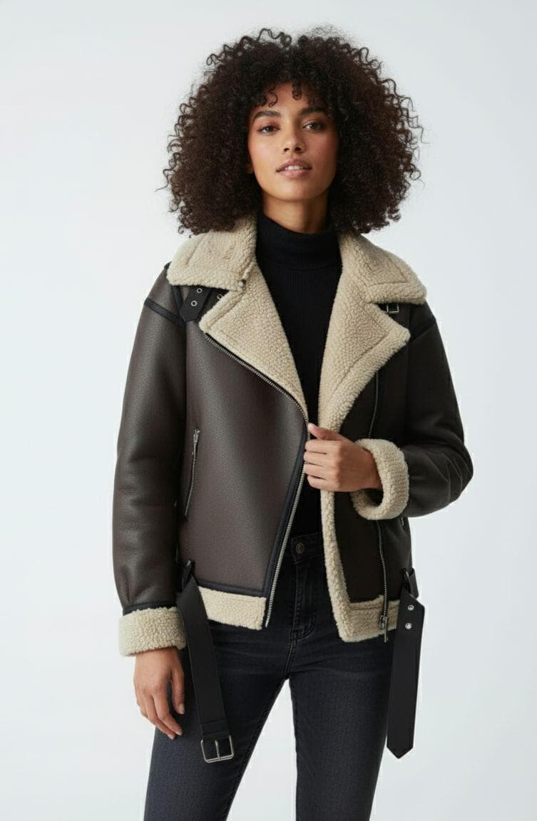 Women's Cow Leather Shearling Biker Jacket: Handmade Moto Coat