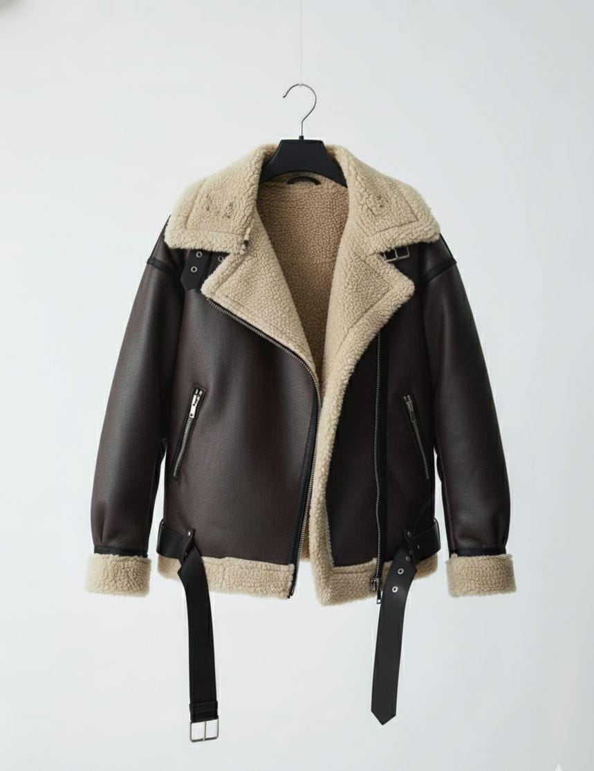 Women's Cow Leather Shearling Biker Jacket: Handmade Moto Coat