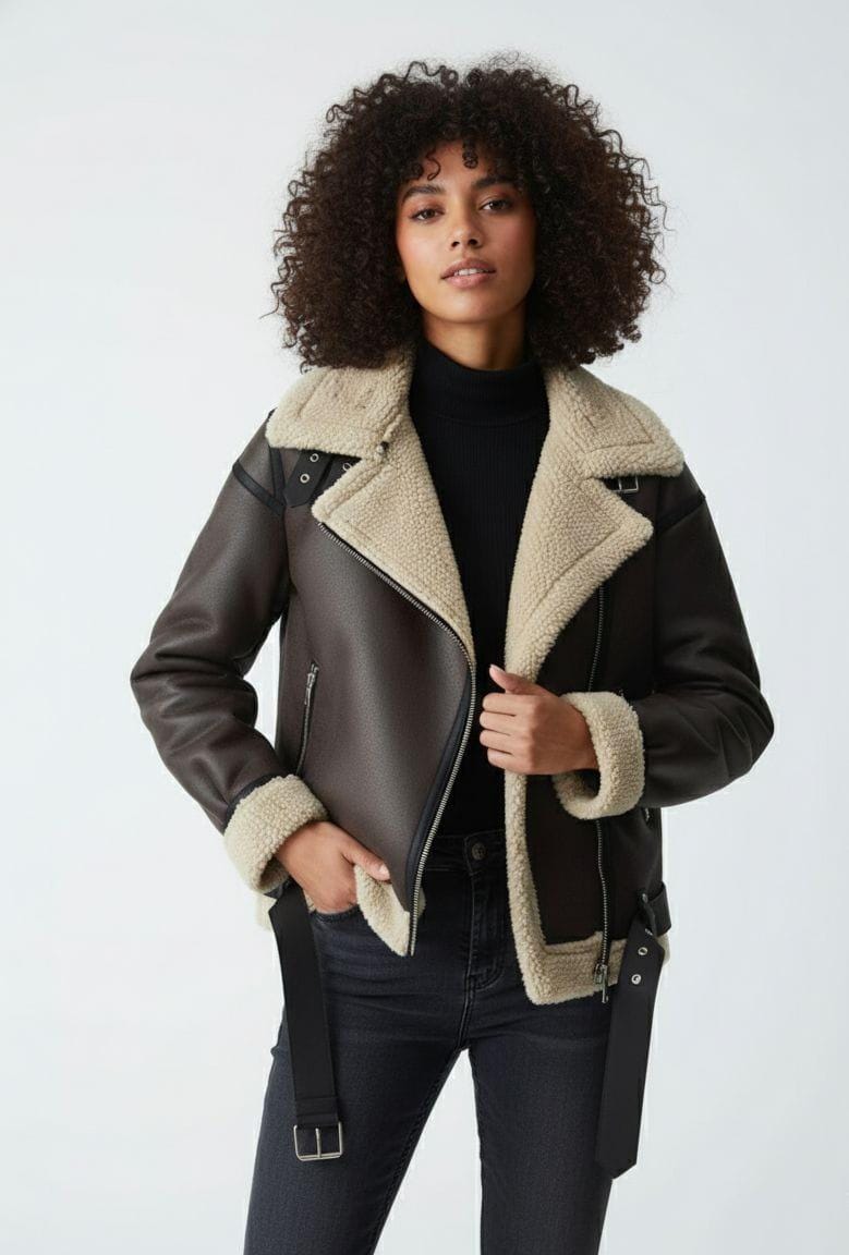 Women's Cow Leather Shearling Biker Jacket: Handmade Moto Coat