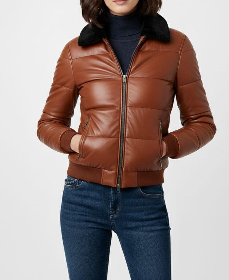 Handmade Brown Leather Bomber Jacket: Women's Puffer with Faux Fur Collar