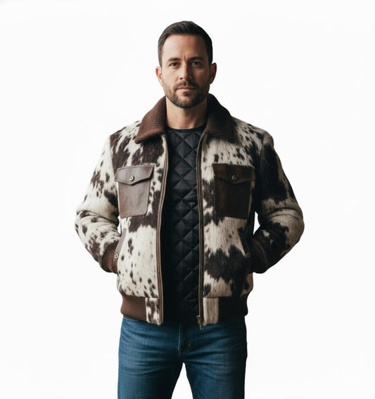 Handcrafted Cow Fur Leather Bomber Jacket: Unique Winter Outerwear
