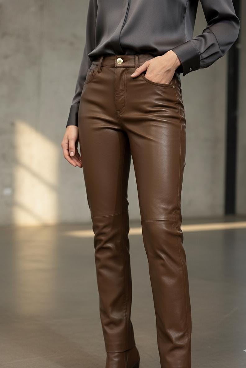 Handcrafted Brown Cow Leather Pants: Straight Fit Real Leather Trousers