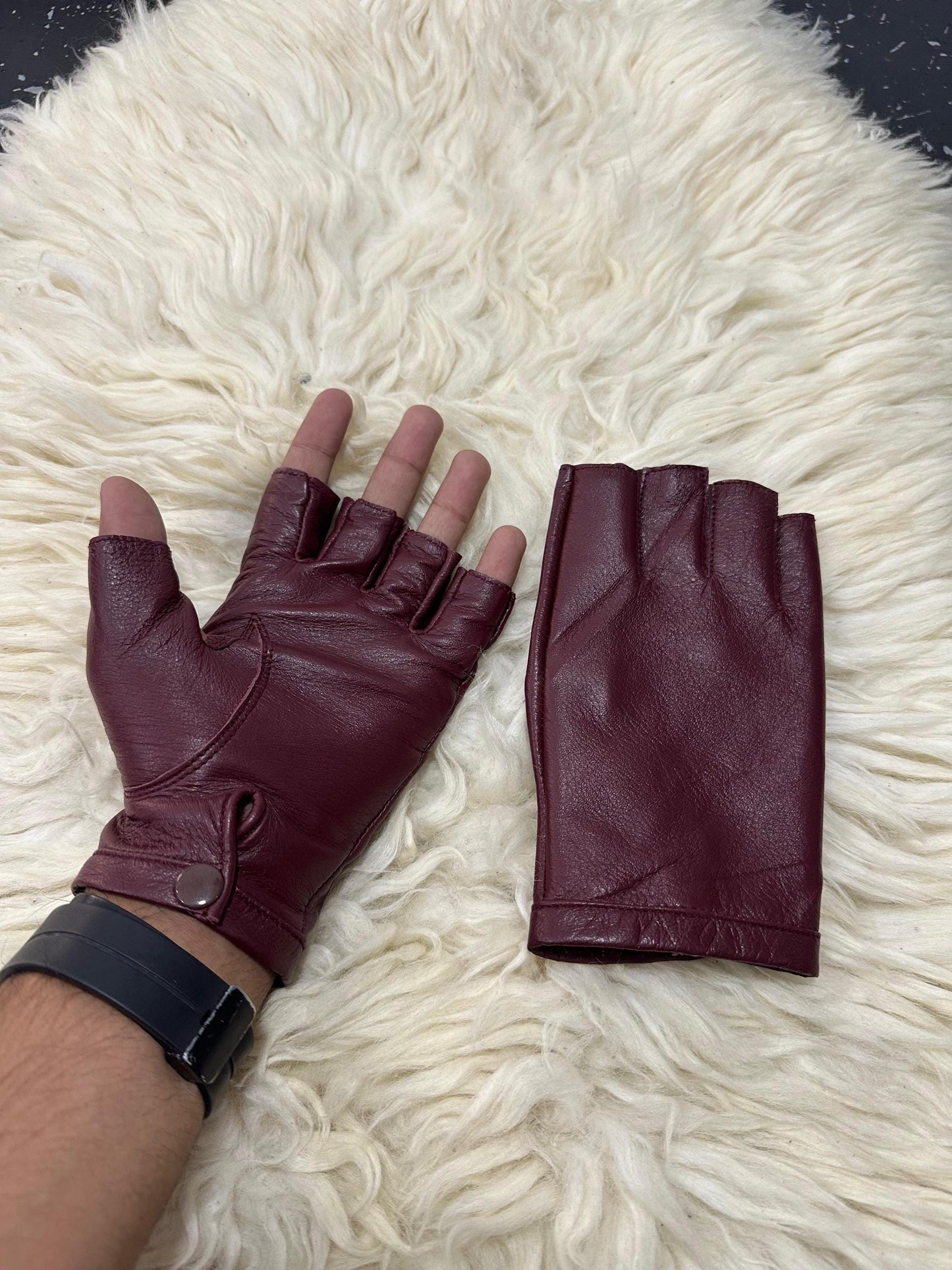 Burgundy Sheep Leather Fingerless Gloves: Women's Driving, Cycling
