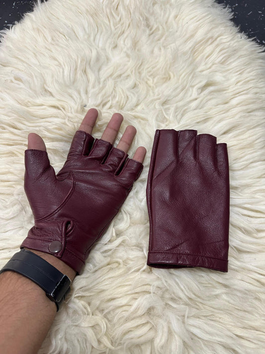 Burgundy Sheep Leather Fingerless Gloves: Women's Driving, Cycling